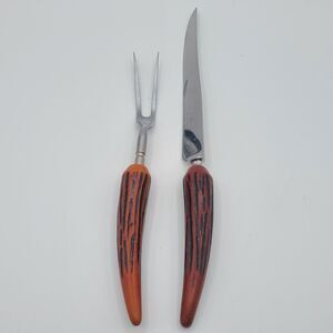 CROWN CREST Carving Set Knife Fork Sheffield England Faux Antler Handles